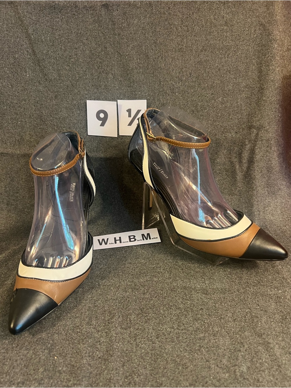 Women’s Pointed Toe Ankle Strap Pumps in Black, White & Tan